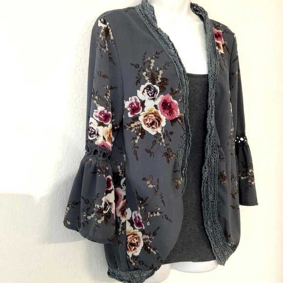 BELL SLEEVE FLORAL ROSE LACE OPEN FRONT CARDIGAN - Picture 1 of 13